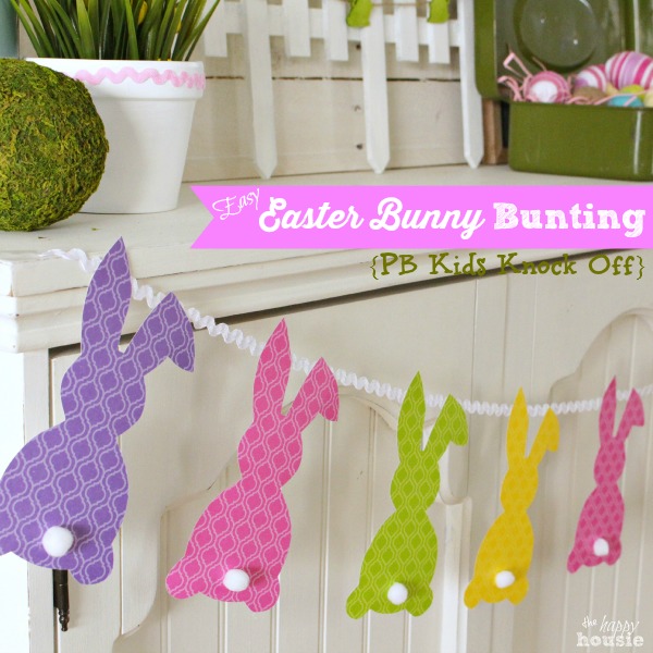Easter Bunny Bunting on mantel square labeled at The Happy Housie