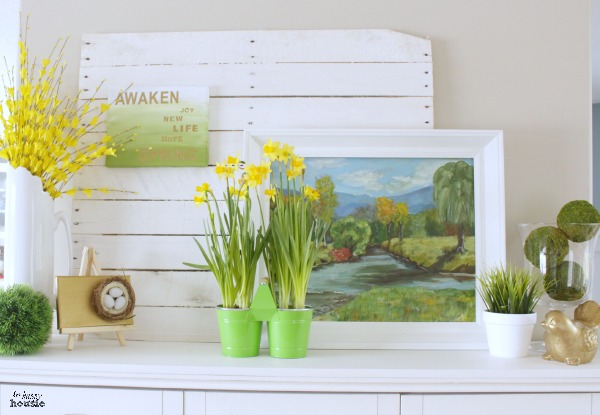 Gold and Green Early Spring Mantel 1 at the happy housie