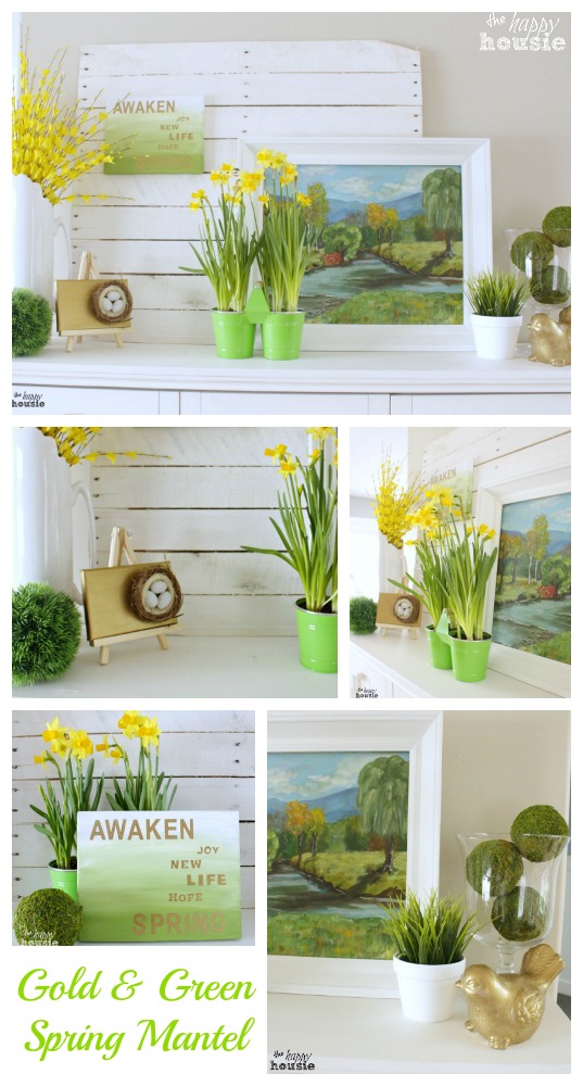 Gold and Green Spring Mantel at the happy housie