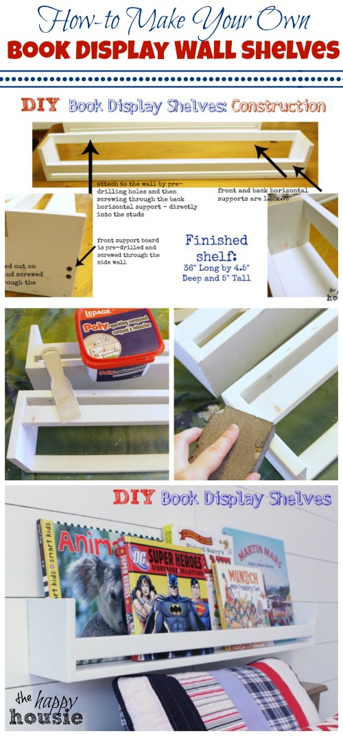 How to Make Your Own Book Display Wall Shelves collage tutorial at the happy housie