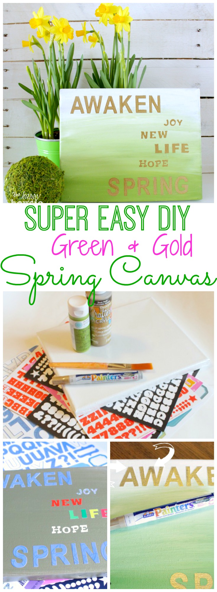 How to make a Super Easy DIY Green and Gold Spring Canvas at thehappyhousie.com