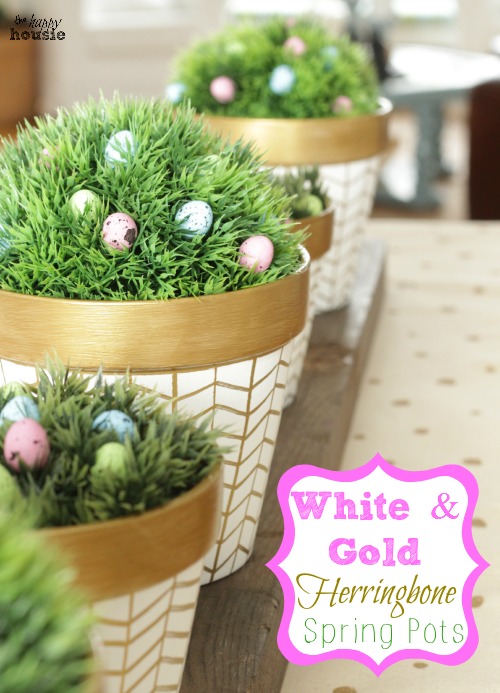 White and Gold Herringbone Spring Pots guest post by the happy housie at tatertots and jello