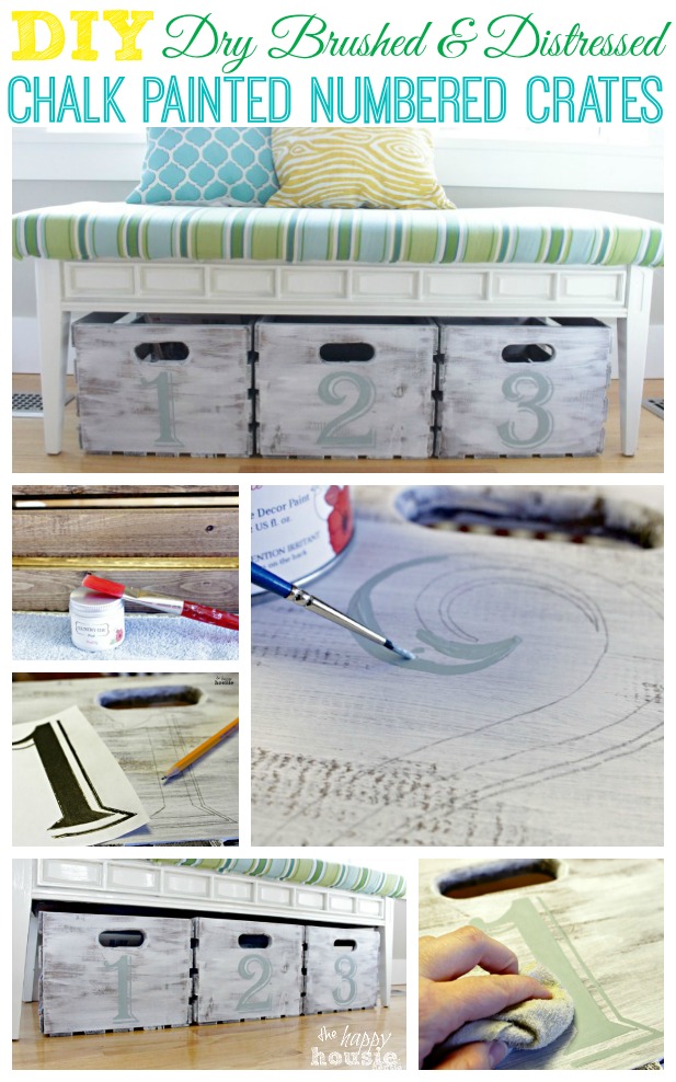 DIY Dry Brushed and Distressed Chalk Painted Numbered Crates at The Happy Housie