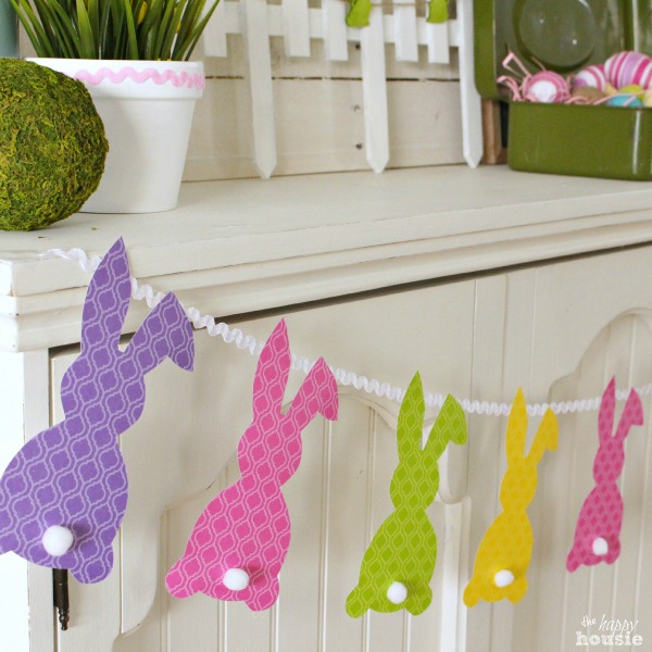 Easter Bunny Bunting on mantel square at The Happy Housie