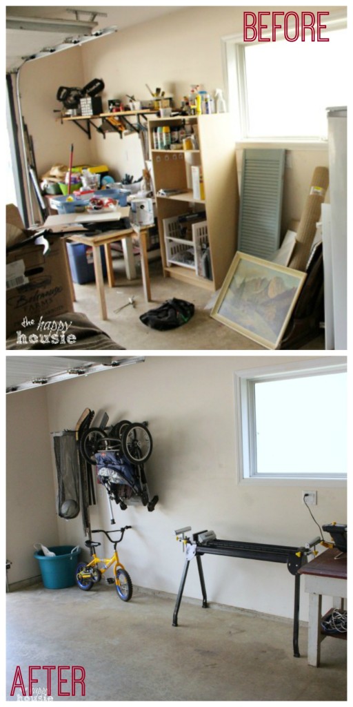 Garage Organizing with Monkey Bar before and after at The Happy Housie