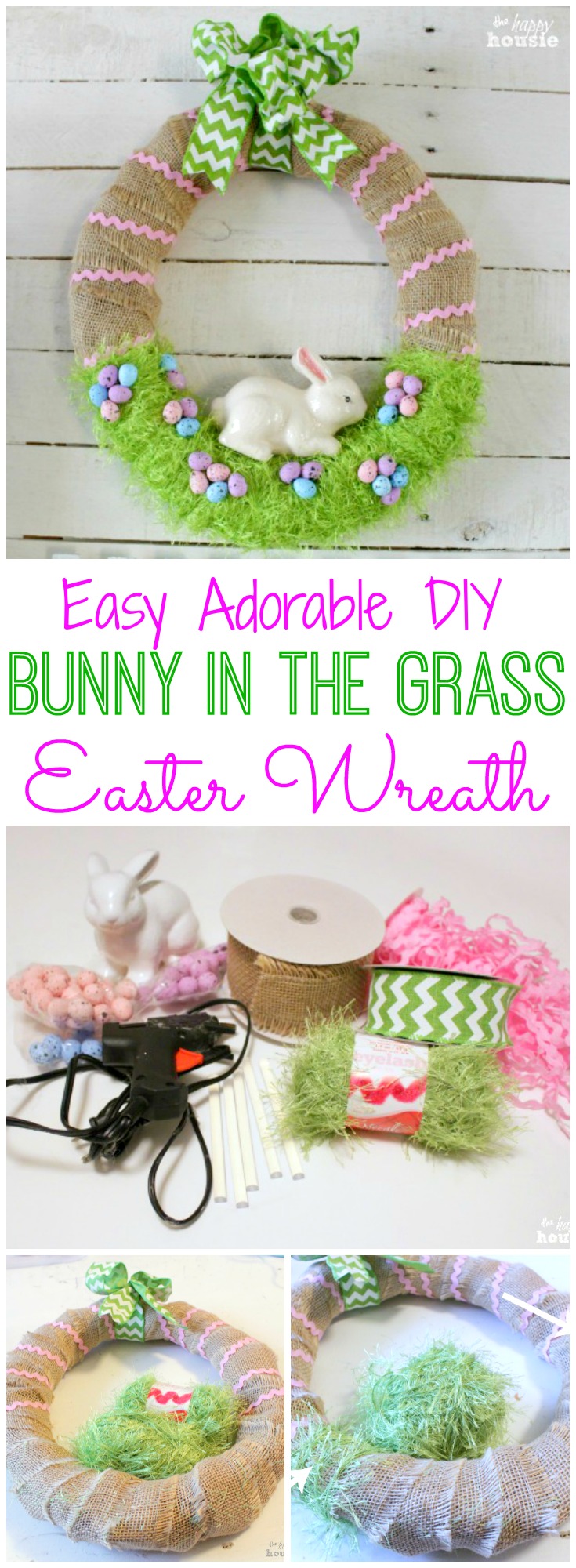 How to make an easy adorable DIY Bunny in the grass Easter Wreath or Spring Wreath at thehappyhousie.com