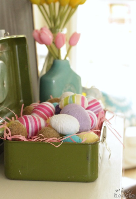 Spring Home Tour Mantel Easter Eggs in Toolbox at The Happy Housie