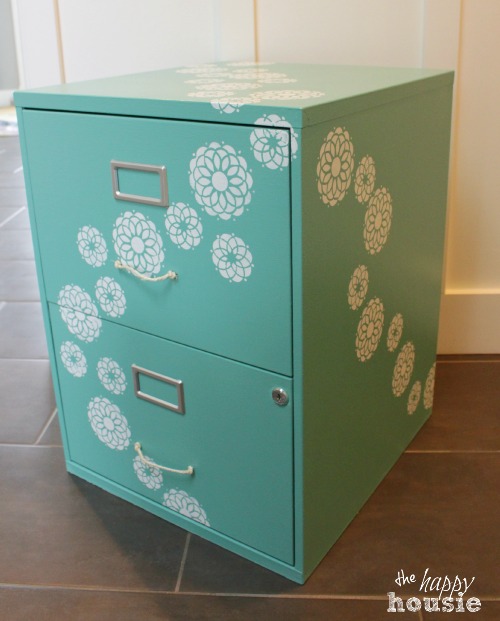 Chalk Painted Stenciled Filing Cabinet side view by The Happy Housie