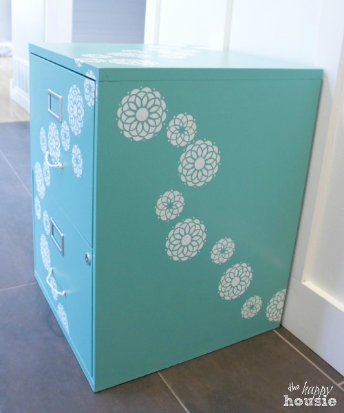 Chalk Painted Stenciled Filing Cabinet stenciled side by The Happy Housie