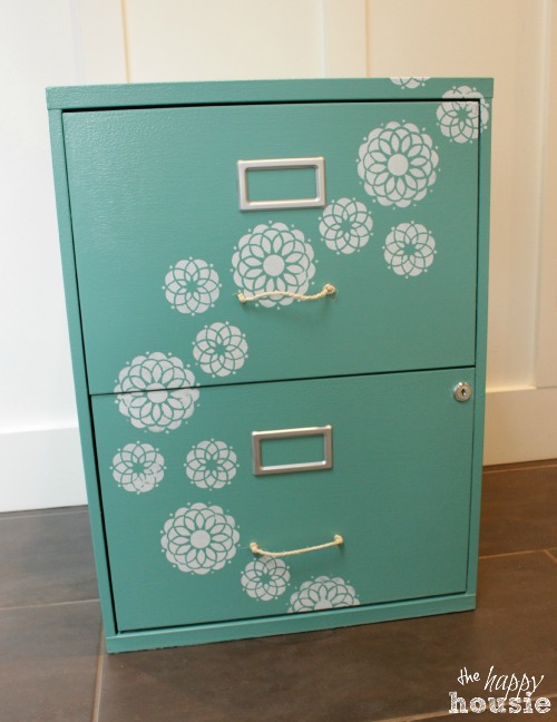 Chalk Painted Stenciled Filing Cabinet with twine handles by The Happy Housie