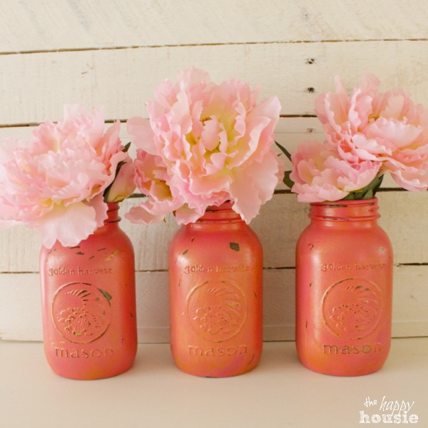 Cherry Blossom Chalk Painted Mason Jars with Gold Wax at The Happy Housie
