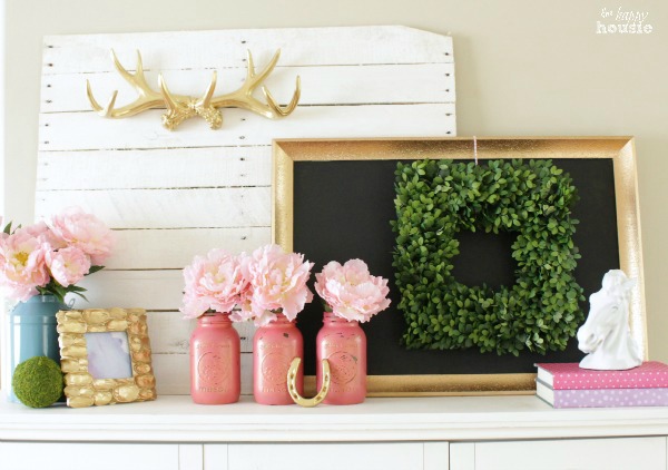 Pastel & Gold Spring Mantel with Balsam Hill Boxwood Wreath at The Happy Housie 2