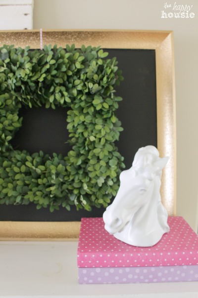 Pastel & Gold Spring Mantel with Balsam Hill Boxwood Wreath at The Happy Housie 5