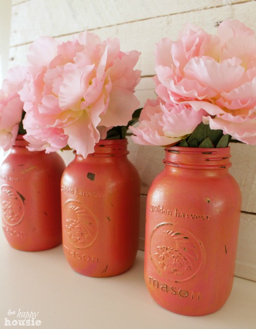 Pink and Gold Chalk Painted Mason Jars at The Happy Housie