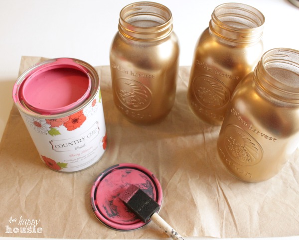 Pink and Gold Chalk Painted Mason Jars using Country Chic Paint at The Happy Housie