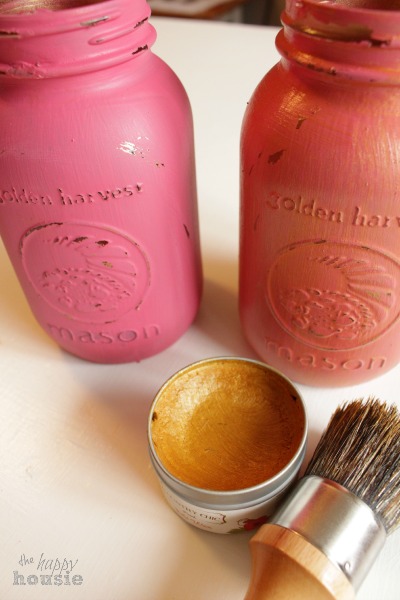 Pink and Gold Chalk Painted Mason Jars using Gold Wax at The Happy Housie