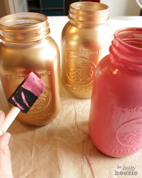 Pink and Gold Mason Jars painting with chalk paint at The Happy Housie