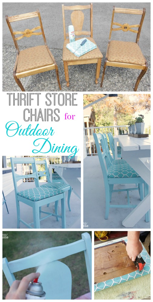 How to turn thrift store upholstered chairs into seating for your outdoor dining table at The Happy Housie