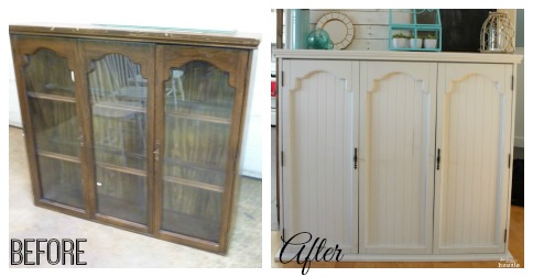 Before and After of Faux Mantel Cabinet at The Happy Housie