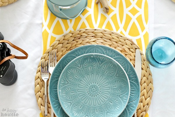 Waves & Sunshine Beachy Tablescape with Pfaltzgraff Dolce Turquoise by The Happy Housie above 2