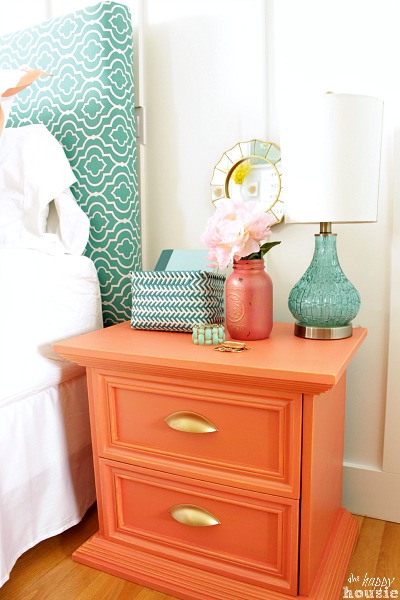 Coral distressed nightstand with gold hardware at The Happy Housie 1