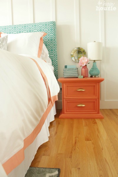 Coral distressed nightstand with gold hardware at The Happy Housie 2