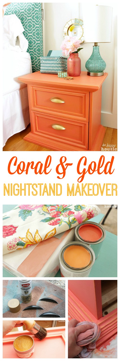 Coral distressed nightstand with gold hardware at The Happy Housie collage