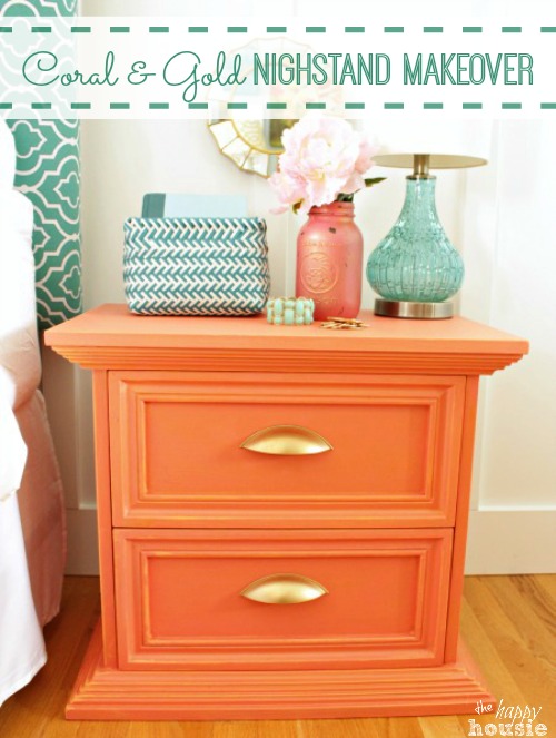 Coral distressed nightstand with gold hardware at The Happy Housie in master bedroom main