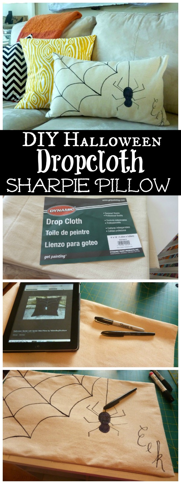 How to make a quick and easy DIY Halloween Dropcloth Sharpie Pillow at The Happy Housie