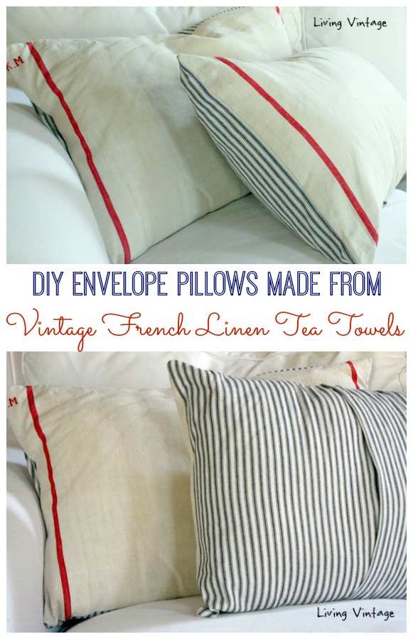 DIY envelope pillows made from vintage french linen tea towels by Living Vintage at The Happy Housie