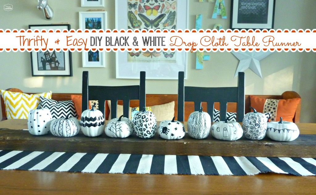 How to make a Thrifty & Easy DIY Black and White Drop Cloth Table Runner at The Happy Housie