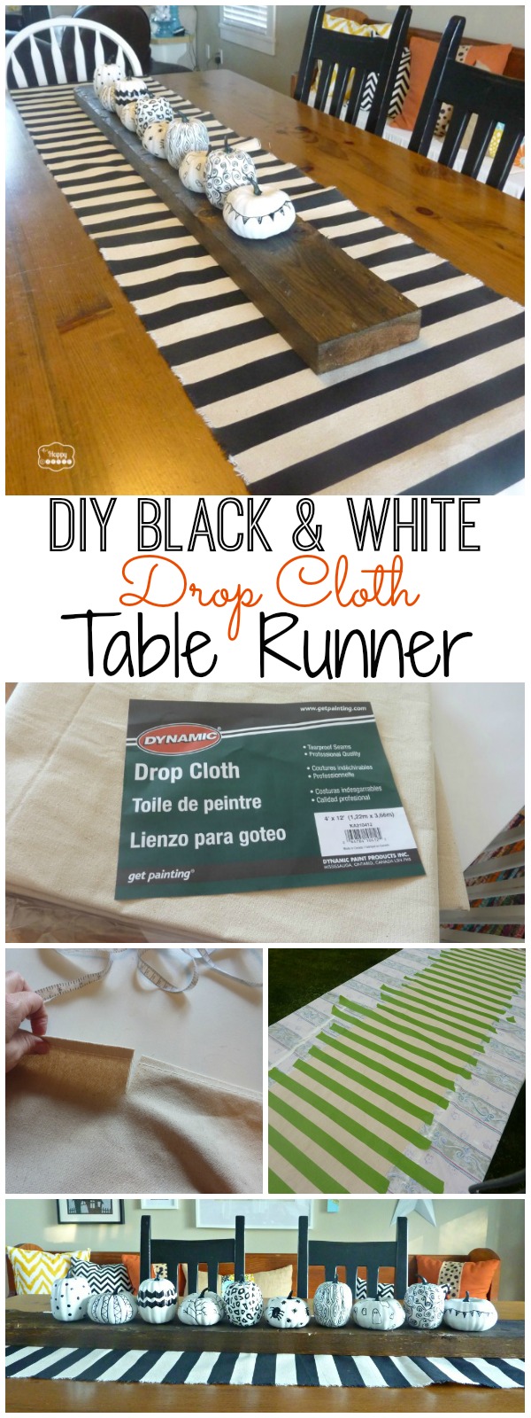 How to make a versatile black and white table runner out of a drop cloth at The Happy Housie