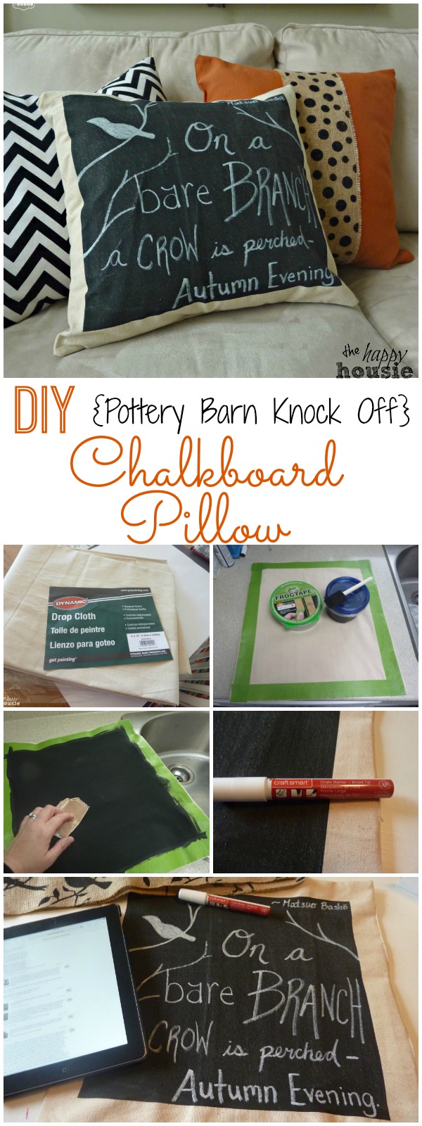 How to make your own DIY Pottery Barn Knock Off Chalkboard Pillow - perfect for holiday decor- transitions from Fall to Halloween to Christmas all in one - at The Happy Housie