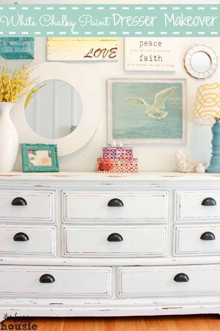 white chalky paint dresser makeover | the happy housie