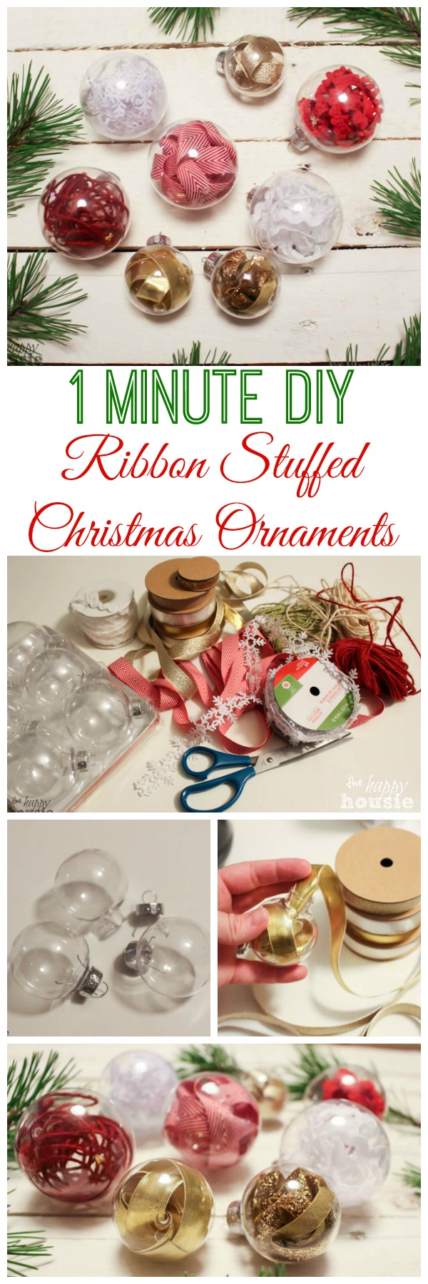 Beautiful, simple, and fast -a tutorial for these 1 minute DIY ribbon stuffed Christmas ornaments at The Happy Housie