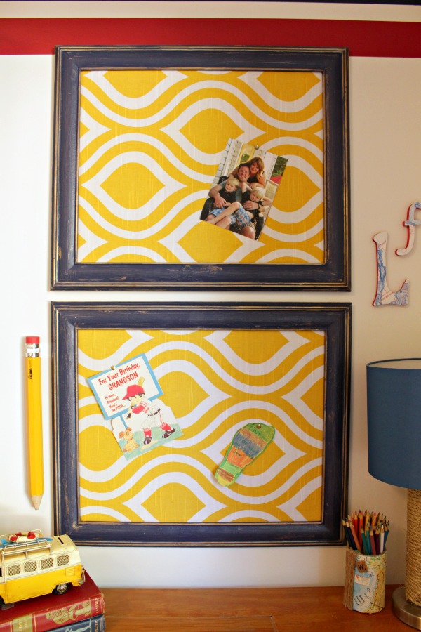 DIY Fabric Covered Cork Boards made out of a picture frame at The Happy Housie