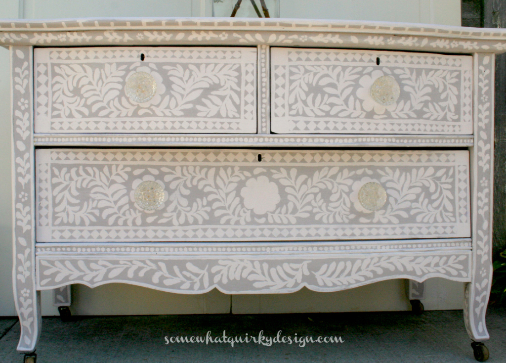 Painted dresser with Annie Sloan Chalk Paint in an intricate pattern.