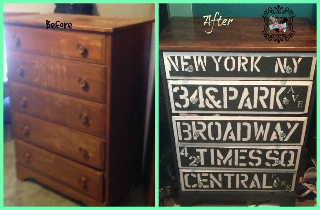 A brown dresser that is painted with words on the drawers.