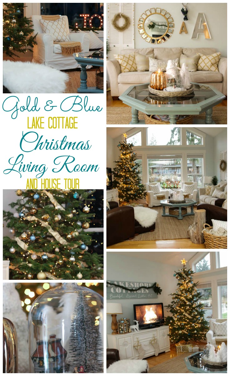 Christmas Living Room Gold and Blue Lake Cottage Christmas Decor at The Happy Housie