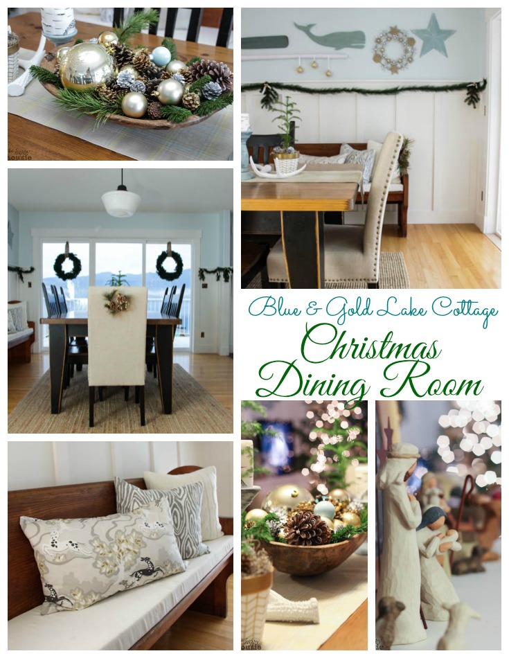 Come on by to take a tour of our lake cottage style home Christmas Dining Room done up with blue and gold at The Happy Housie
