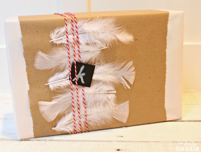Five Fast and Fab Gift Wrap Ideas at The Happy Housie feathers and twine