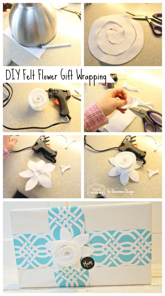 Five Fast and Fab Gift Wrap Ideas at The Happy Housie how to make felt flowers