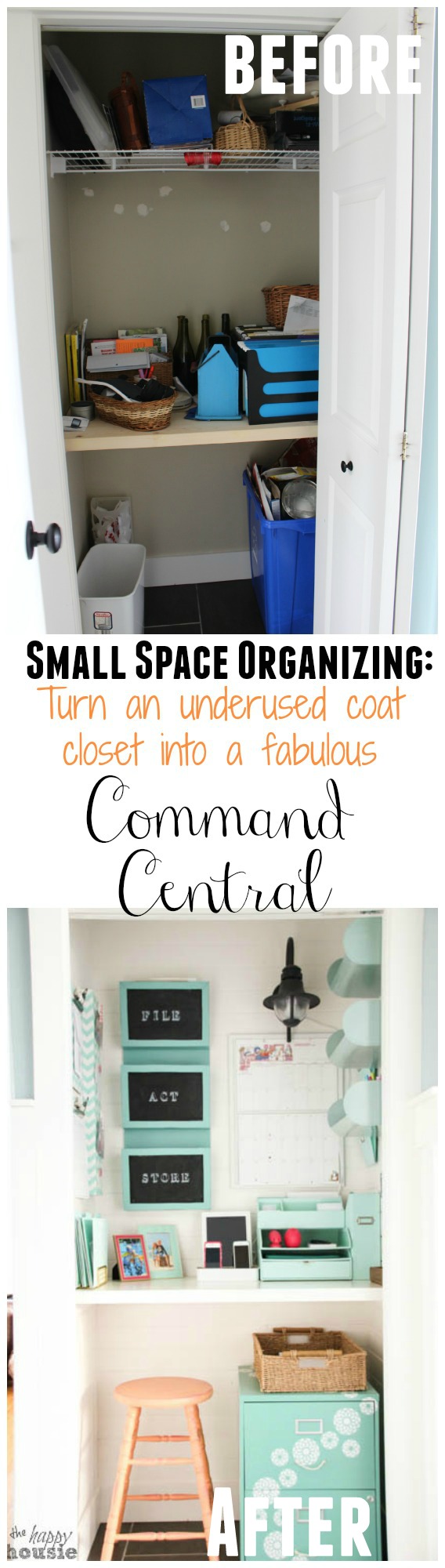 Small Space Organizing turn an underused coat closet into a fabulous command center before and after at The Happy Housie