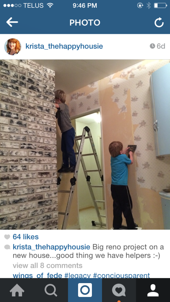 A shot of instagram of the kids taking off the wallpaper.