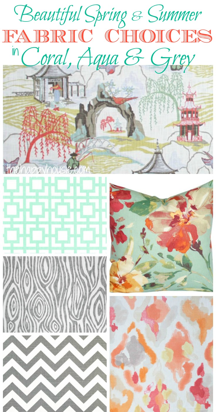 Beautiful Spring Fabric Choices in Coral, Aqua, Mint, and Grey at thehappyhousie.com