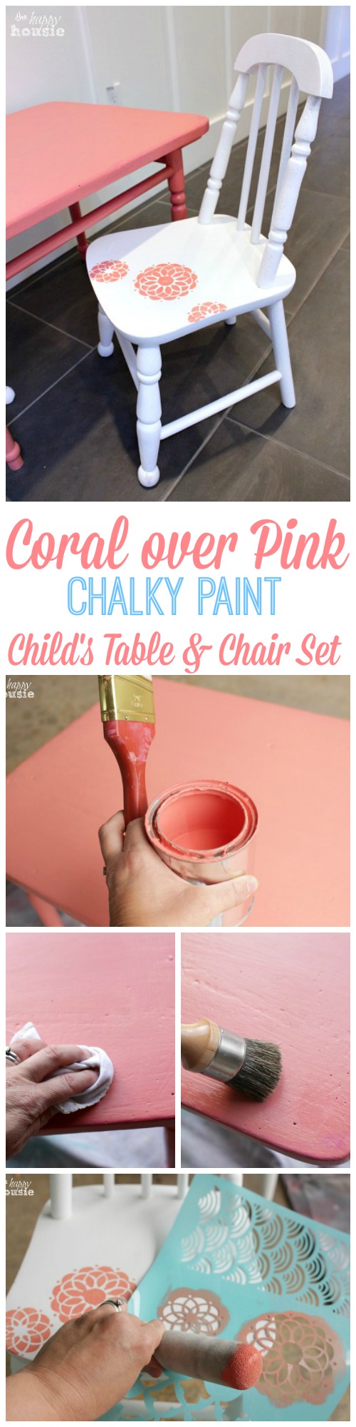 Coral over Pink Chalky Paint Child's Table and Chair Set How to at The Happy Housie