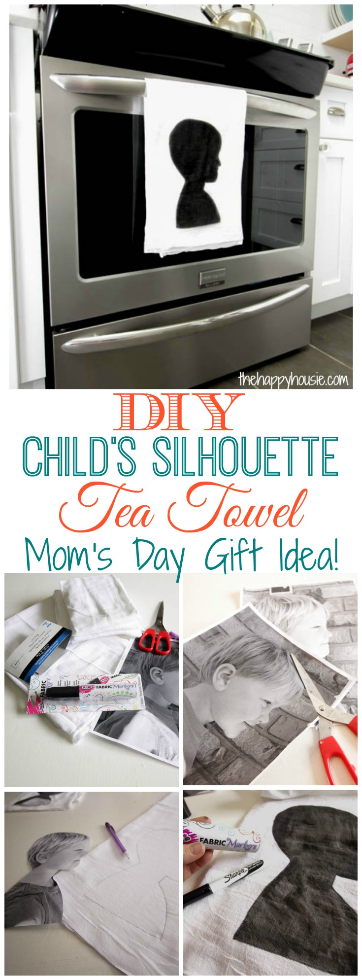How to make these easy and adorable child's silhouette tea towel a perfect Mother's Day gift idea tutorial at thehappyhousie.com