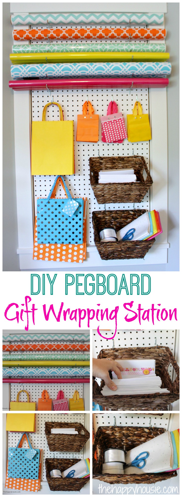This DIY Pegboard Gift Wrapping Station is an amazing use of space and makes organizing your gift wrapping supplies functional and pretty all at once!