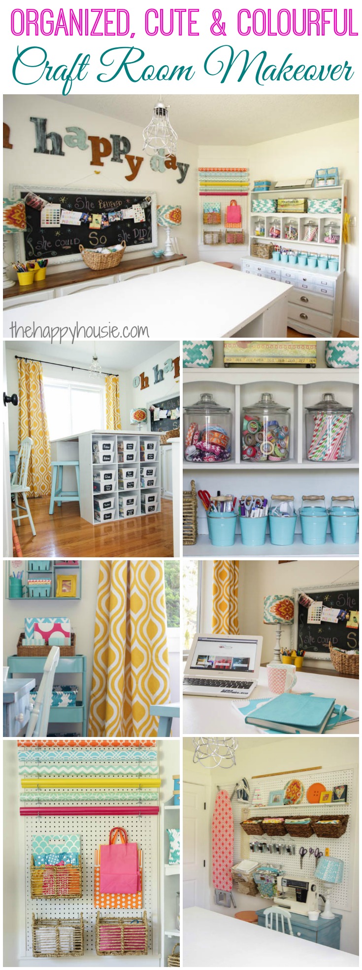 I love this craft room makeover it is so cute and colourful and full of great thrifty ideas for getting organized at thehappyhousie.com
