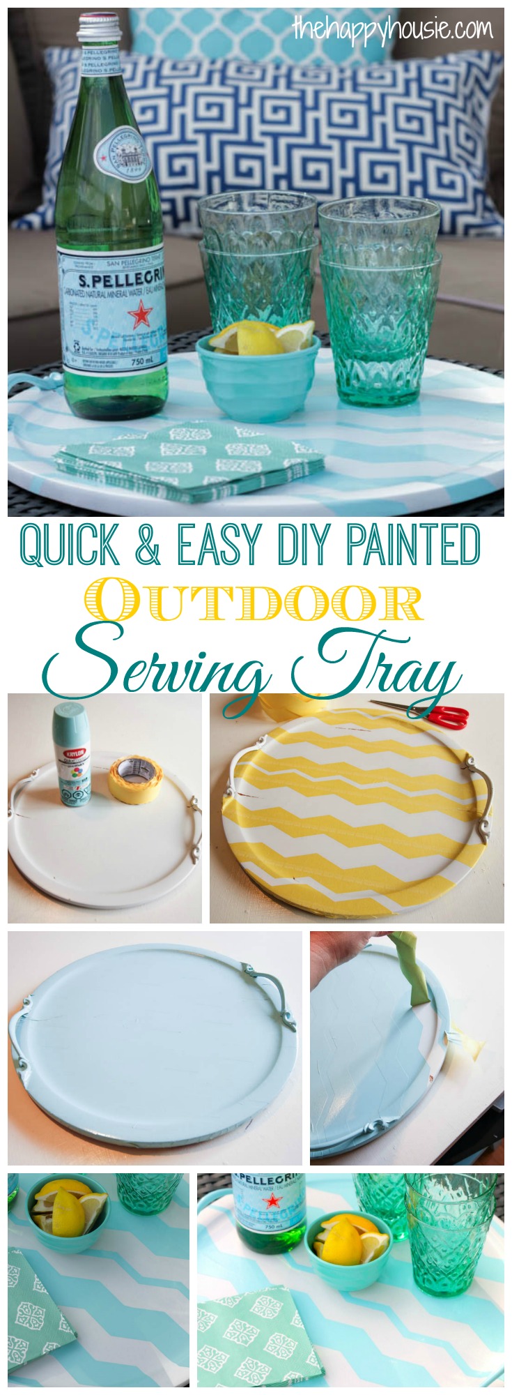 a quick and easy way to add some color to your outdoor decor with this quick and easy DIY painted outdoor Serving Tray at thehappyhousie.com